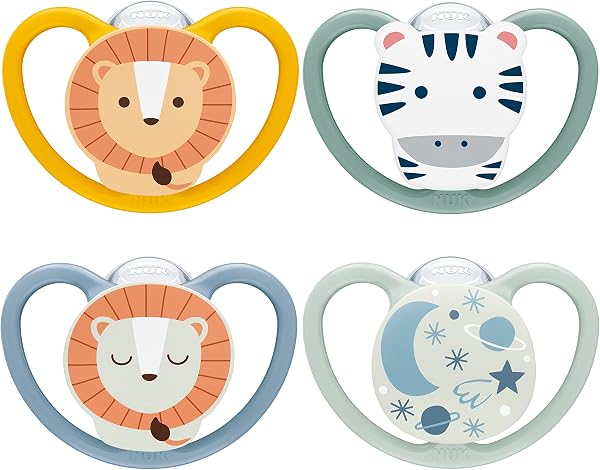 NUK Space Day & Night Baby Dummy | 18-36 Months | Glow-in-the-Dark Soothers with Extra Ventilation for Sensitive Skin | BPA-Free Silicone | Zebra & Lion | 4 Count - 1