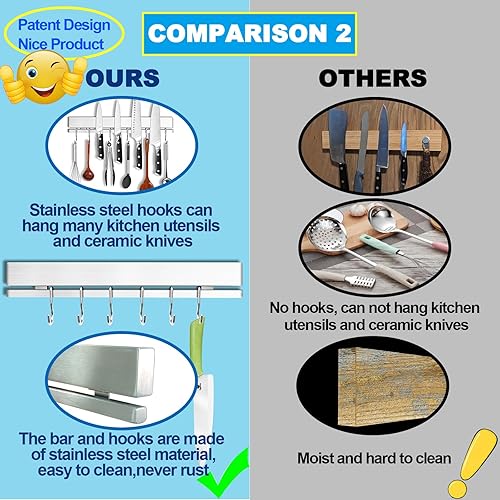 Miniatura 5 de YIIYIIN Soporte magnético de doble cara de acero inoxidable 304 de 12 pulgadas para pared o refrigerador, con tira adhesiva, sin taladro, 6 ganchos