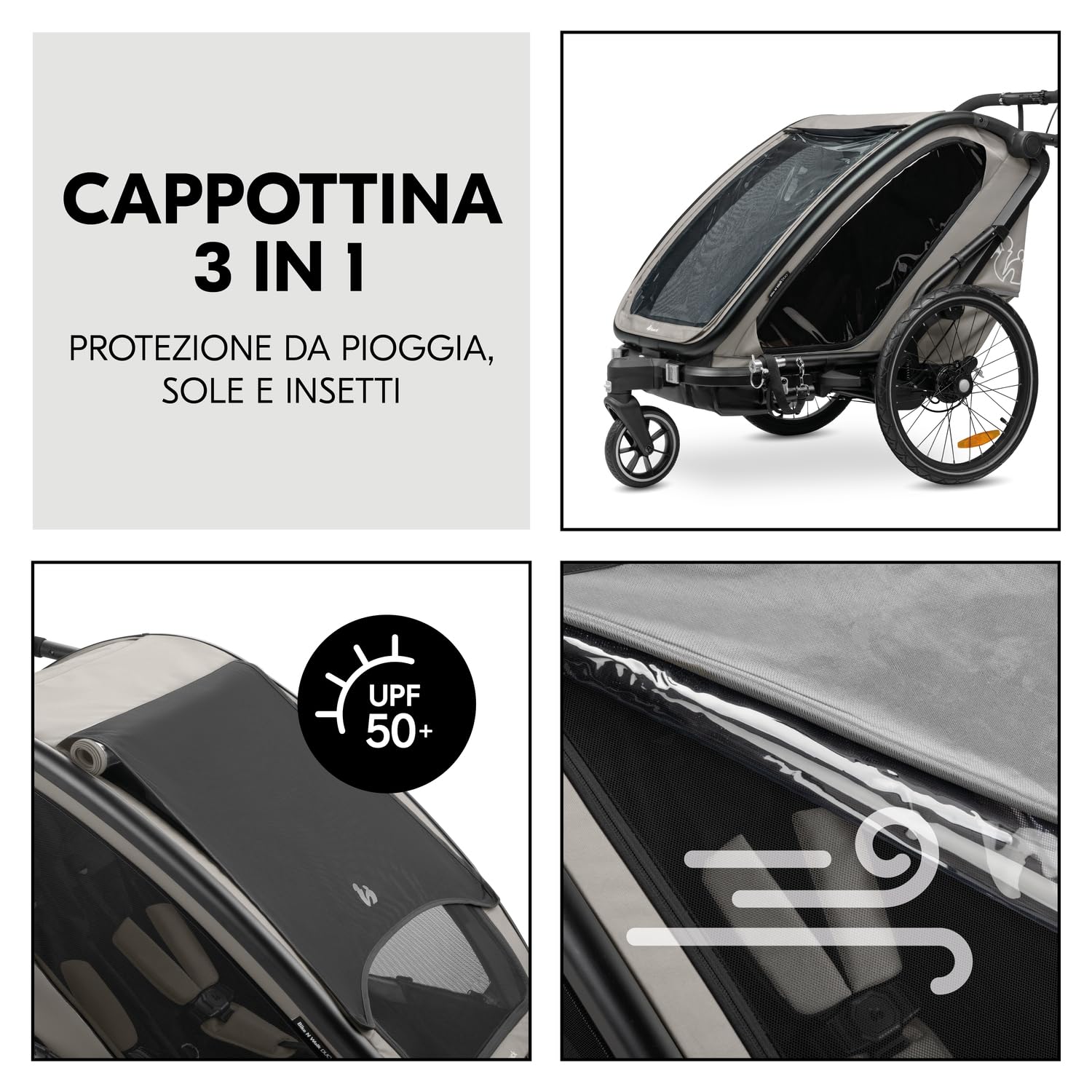 Hauck Bike N Walk Duo 3in1 Rimorchio Bici Bambini 2 Posti 22 kg 120 cm Light Grey