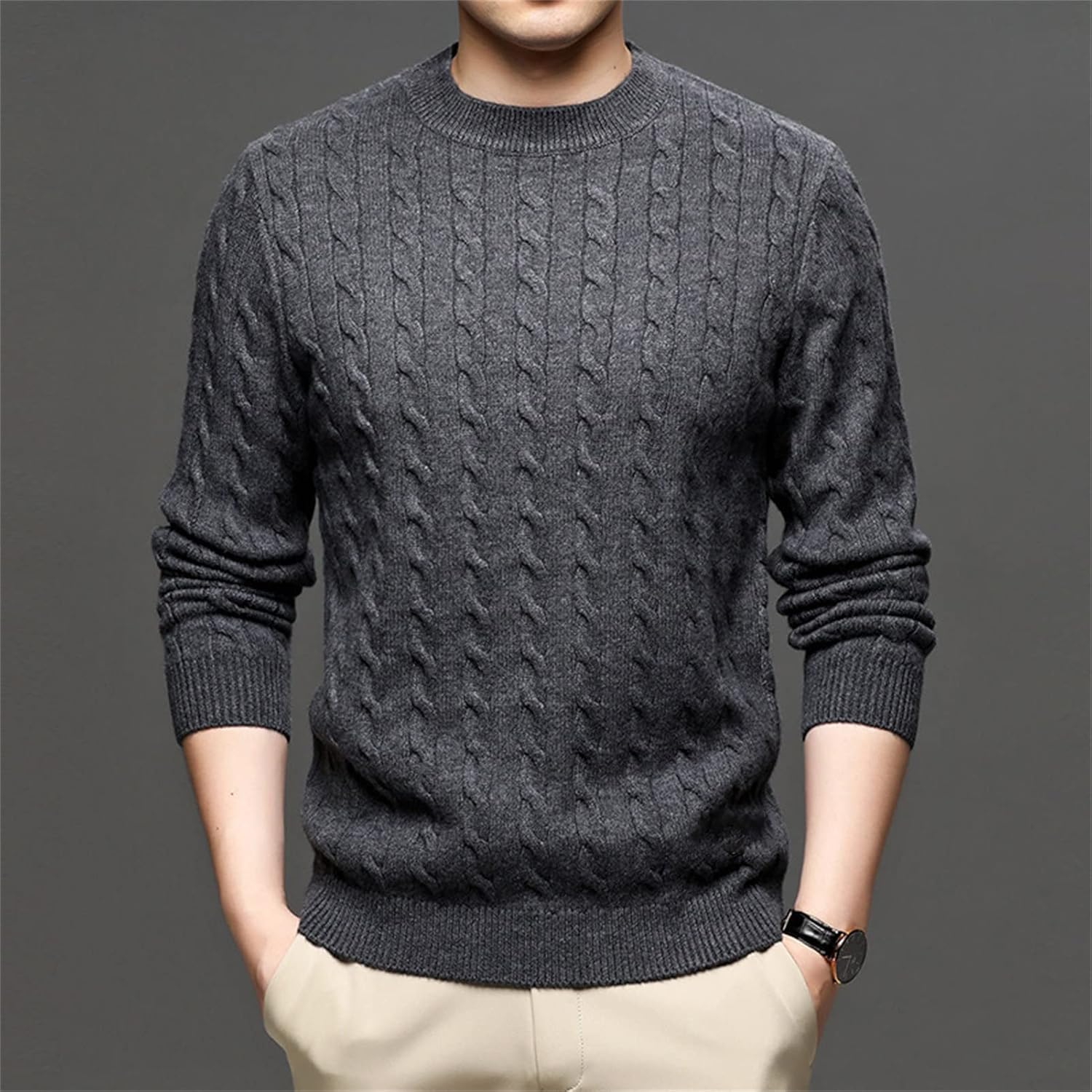 Men's Crewneck Long Sleeve Twisted Pullover Tops Casual Fit Fleece Cable Knitwear Thick Warm Wool Blend Sweaters (Grey,110) : Beauty & Personal Care