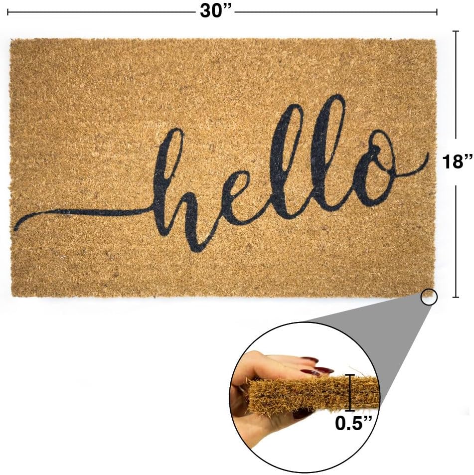 Great American Coco Coir Doormat with Heavy Duty Backing - Large 18" x 30" Non-Slip Minimalist Front Door Welcome Mat - Outside Entrance, Front Porch, Indoor Entry, Brown (Hello)