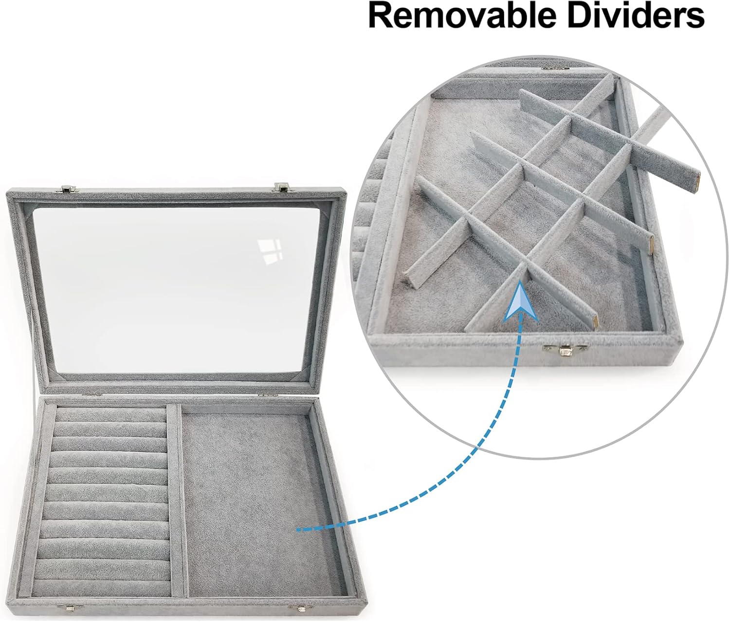 Ice Velvet Rings Organizer Box Mix 12 Grids Jewelry Tray Display Showcase with Clear Lid and Lock Grey
