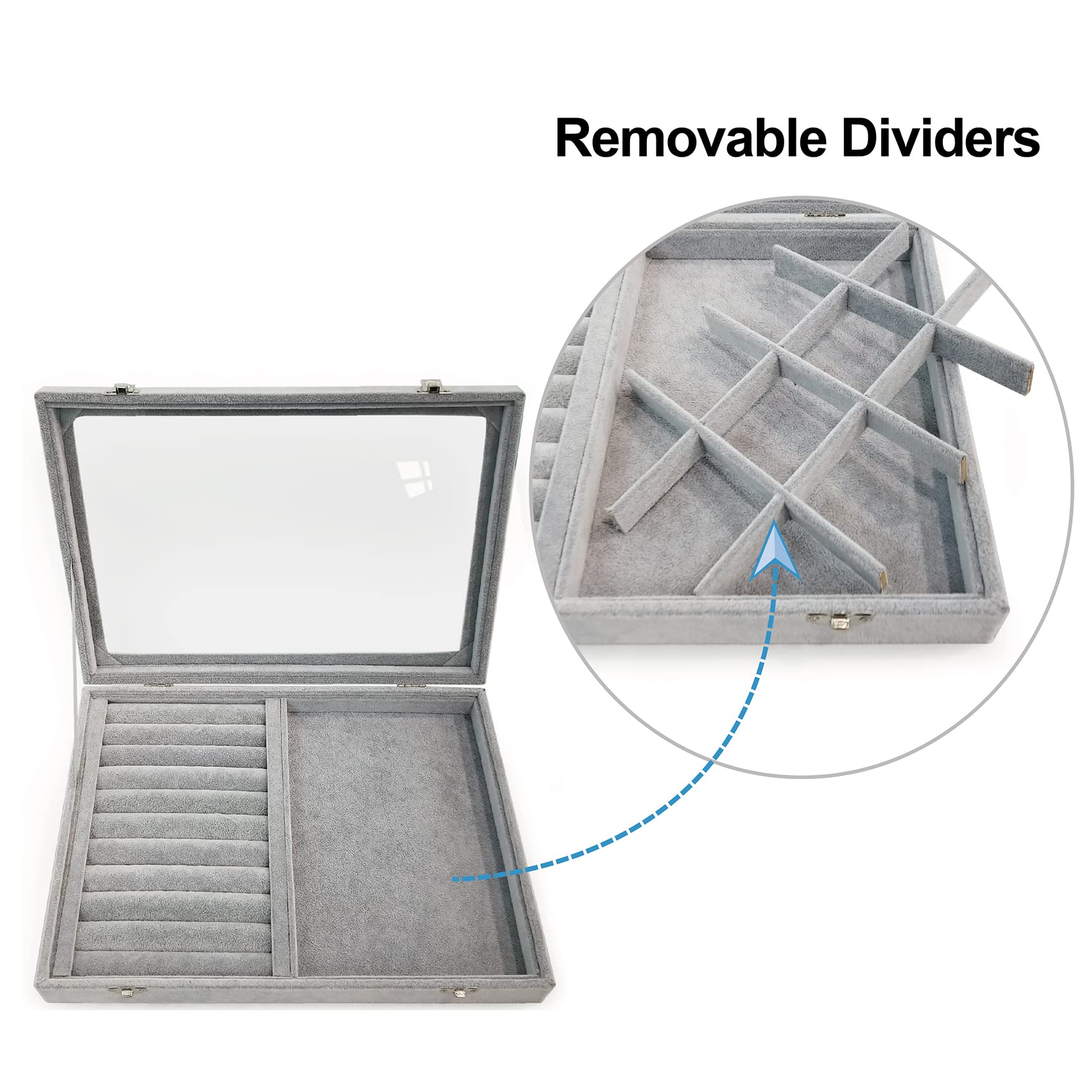 Caja organizadora de anillos de terciopelo de hielo, 12 rejillas, bandeja de joyería con tapa transparente y cerradura gris