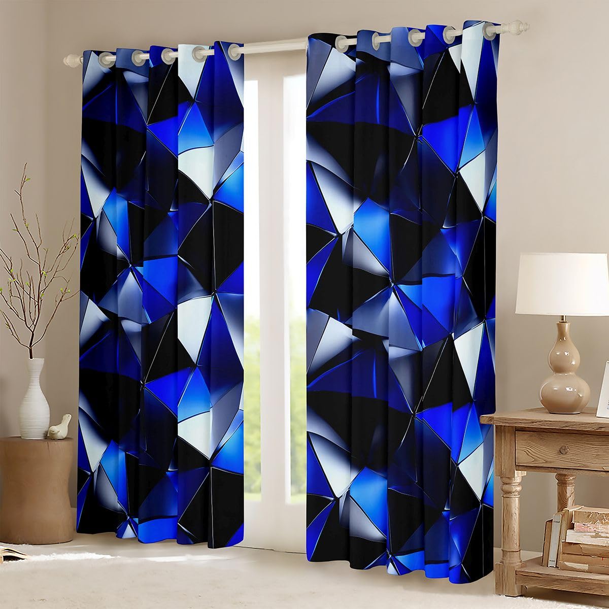 Homemissing Cortinas geométricas negras y azules para dormitorio, sala de estar, cortinas opacas abstractas 3D, cortinas opacas artísticas estéticas para oscurecer la habitación, 2 paneles de 46 x 72