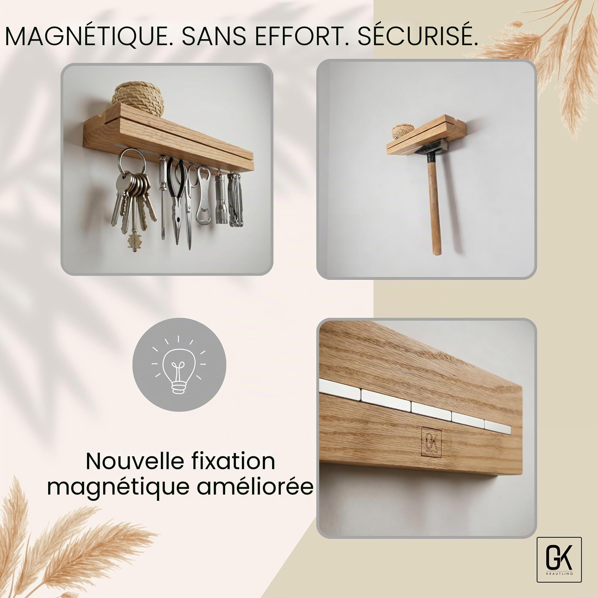Plaque à clés magnétique en bois moderne - Chêne - Organiseur de clés - Tableau à clés en bois - Avec étagère - Rangement des clés - Porte-clés magnétique