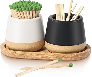 FreeJac Set of 2 Ceramic Match Holder with Striker - Match Container With Wooden Tray Matchstick Holder for Kitchen Bathroom Candle Parlor Modern Home Decor - MATCHES NOT INCLUDED