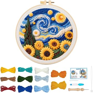 BEUNITONE Starry Sky Scenery Punch Needle Kit for Adults Beginners, Complete Embroidery Craft Kits with Needle, Hoop and Easy to Follow Instructions, Create Home Decor, Wall Hanging Art Making 20x20cm