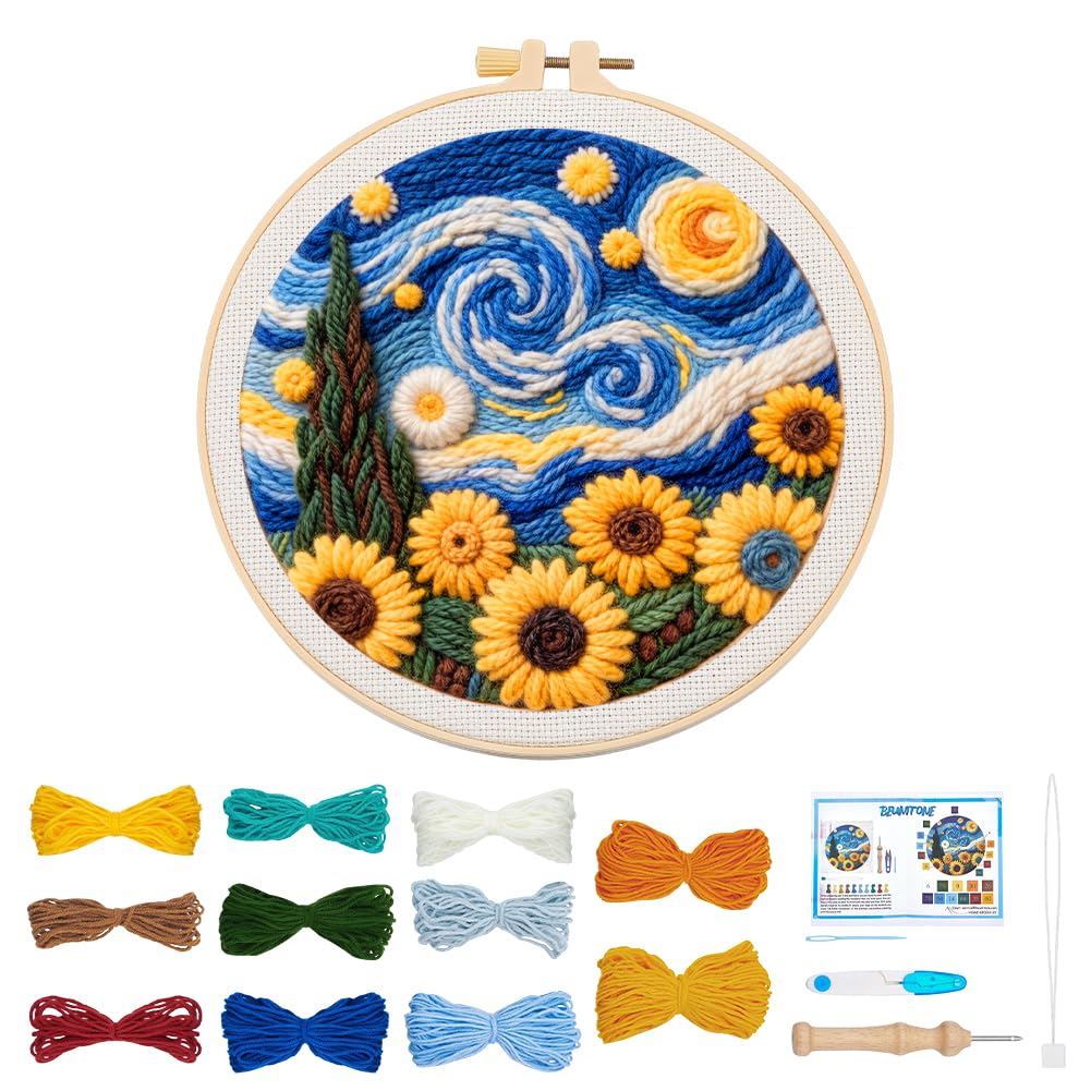 BEUNITONE Starry Sky Scenery Punch Needle Kit for Adults Beginners, Complete Embroidery Craft Kits with Needle, Hoop and Easy to Follow Instructions, Create Home Decor, Wall Hanging Art Making 20x20cm โ image 1
