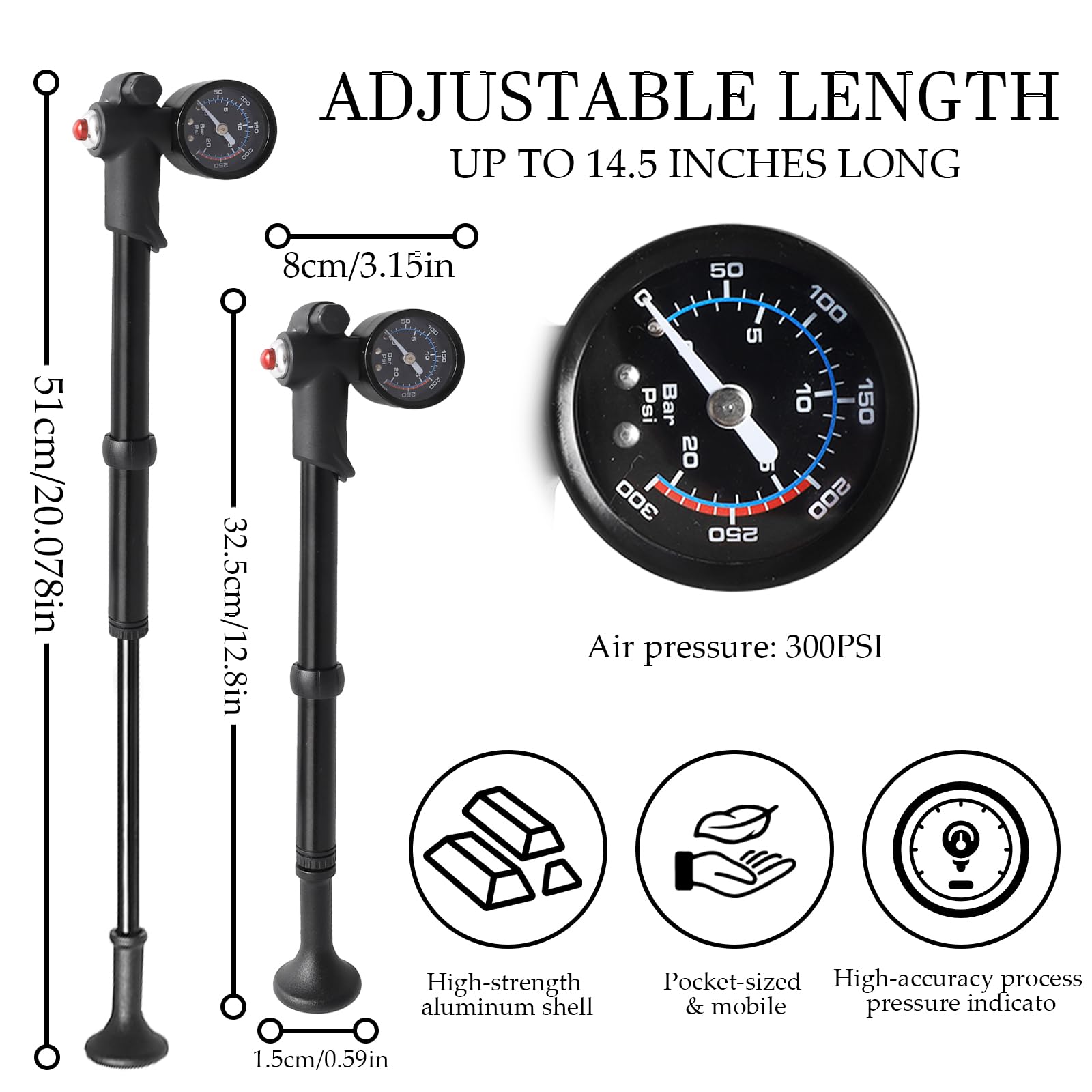 Pompe à Amortisseur Haute Pression(Max 300 PSI), 3 en 1 pour Fourche et Suspension arrière &Shock Absorber,Mini Pompe Velo