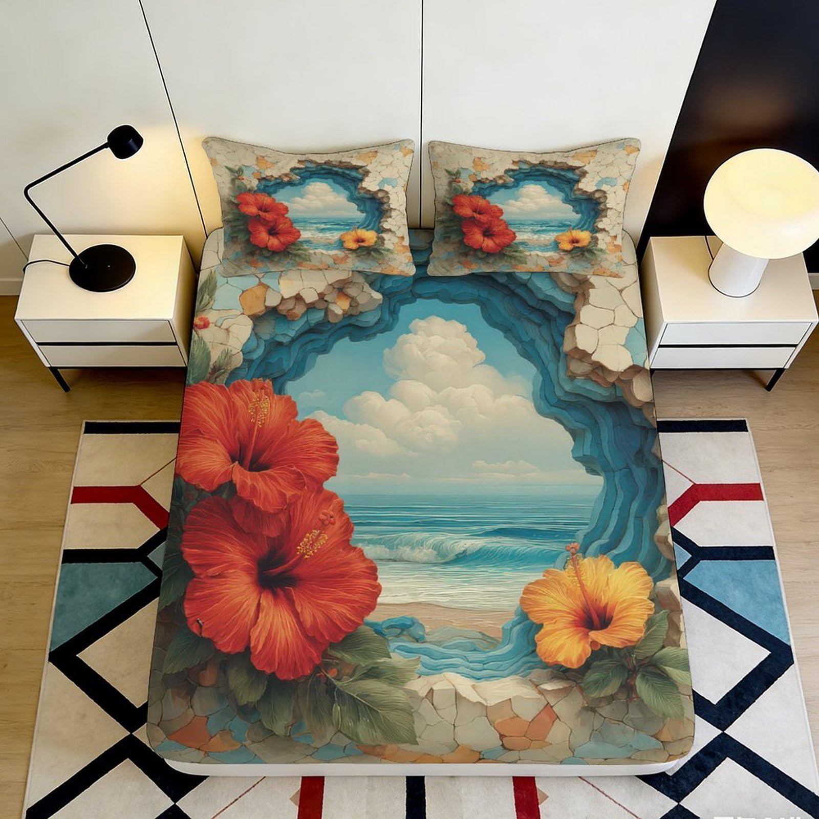 3D Printed Tropical Hibiscus Fitted Sheet Microfiber Soft Breathable Ocean View Bed Cover for Bedroom Dormitory Guest Room Mattress Protection Decor 90x200x25cm