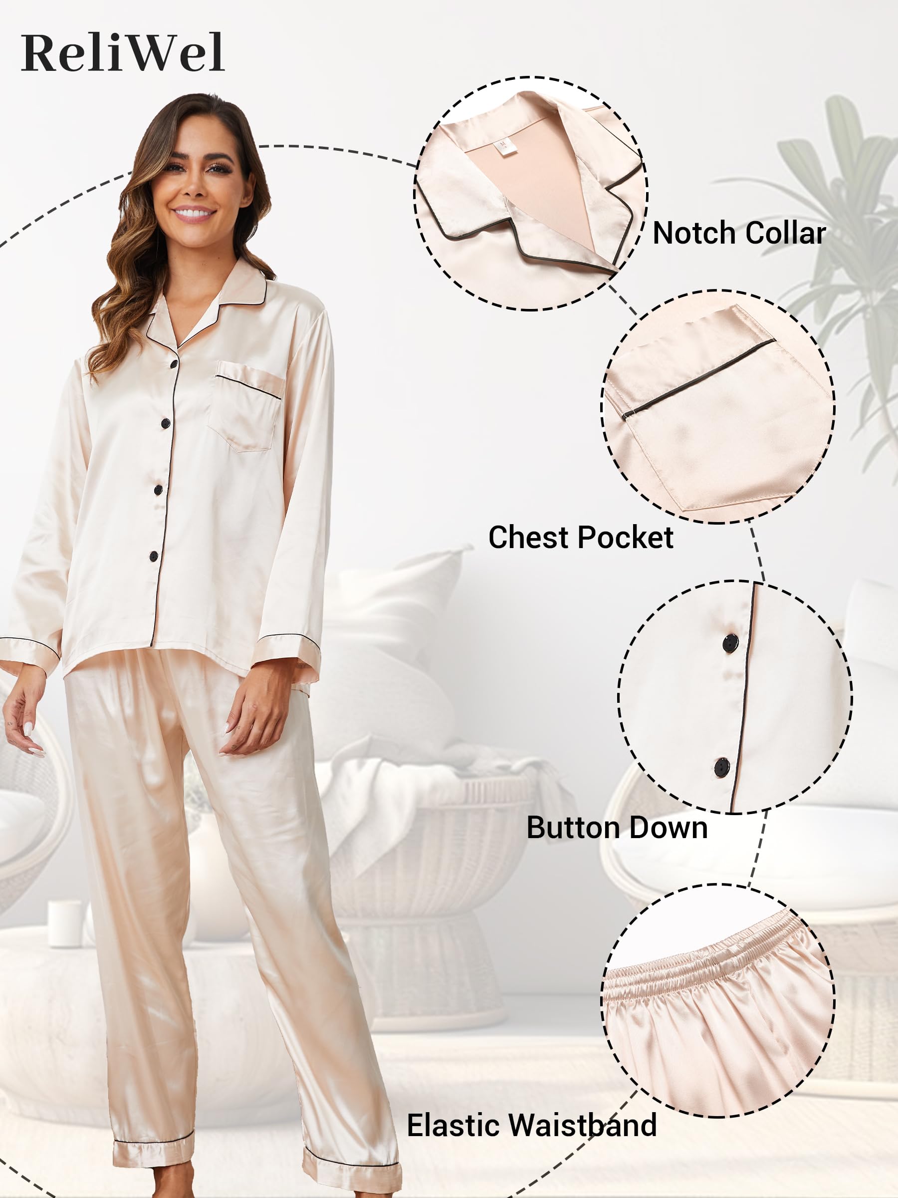 Reliwel Pigiami da Donna in Raso Pigiama Donna Due Pezzi a Maniche Lunghe Set Pigiama con Bottoni Seta Morbido Scollo V Aperto Davanti e Pantaloni Borse Laterali