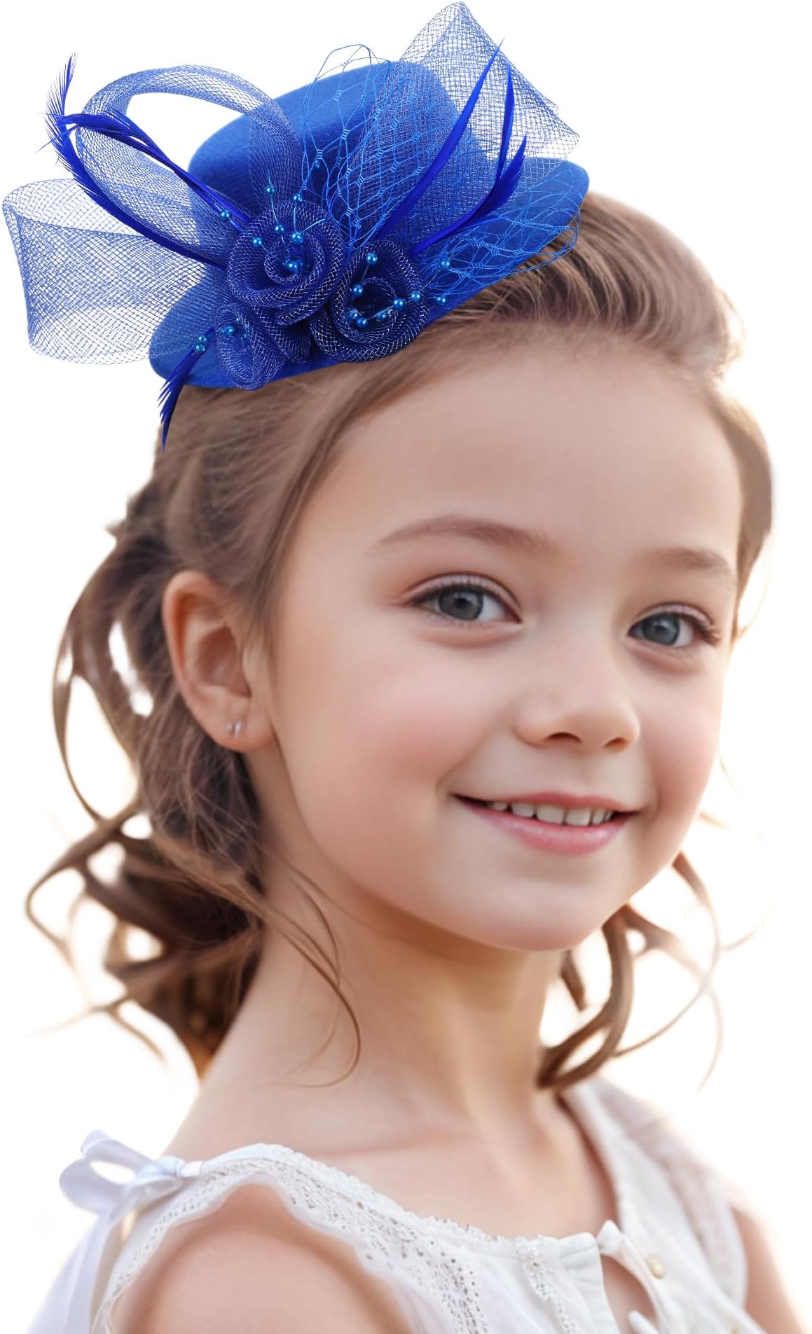 2026 Mini Fascinators Hat - Elegant Small Blue Kentucky Attire Derby Headwear Accessories 1920s 50s High Tea Party Church Tiny Veil Hat with Hair Clip for Women Girls