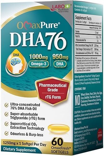 LABO Nutrition OmaxPure DHA76 Omega 3 Aceite de pescado ultraconcentrado 76% 950mg DHA, EPA, 60 unidades, grado farmacéutico, CO2 supercrítico
