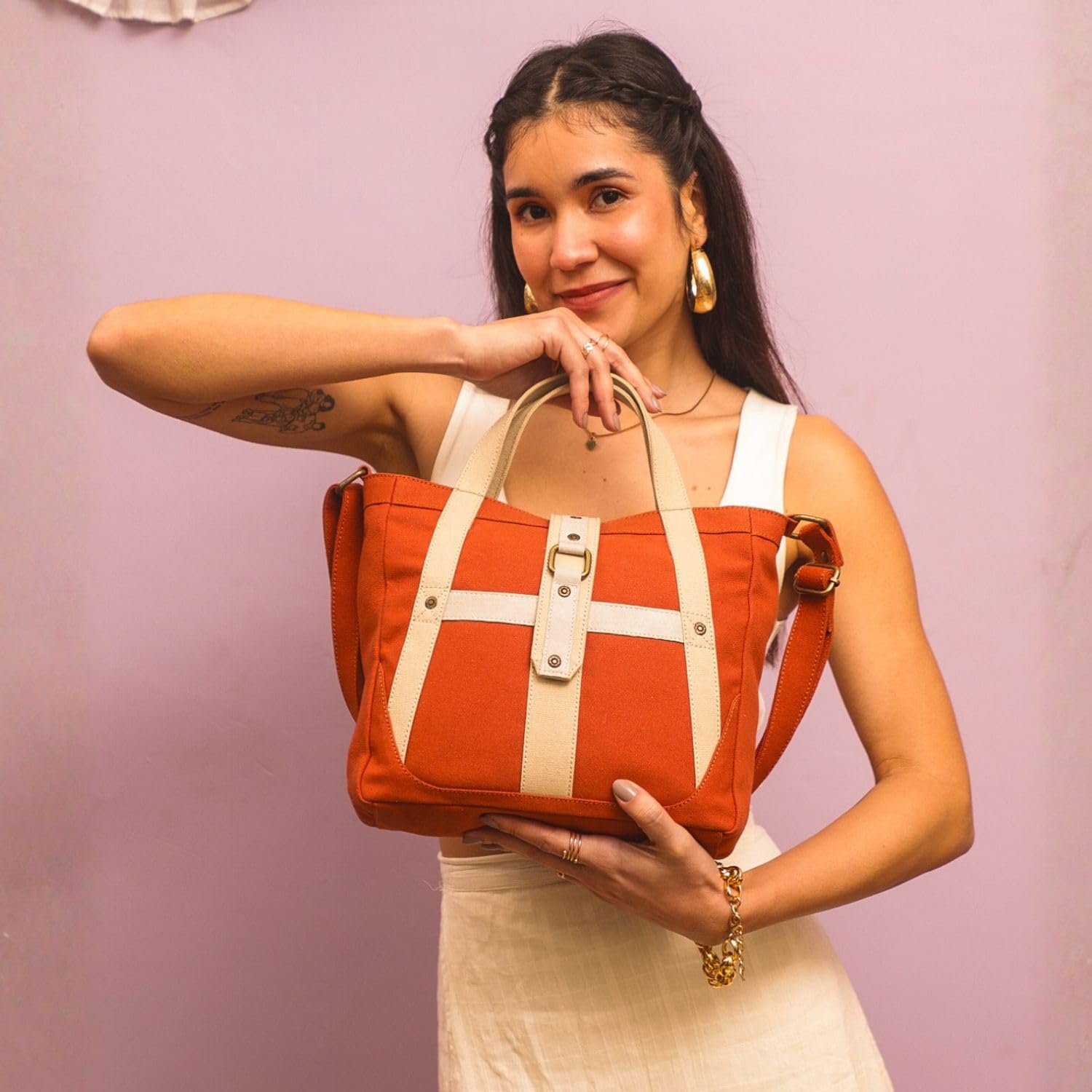 Mona B Canvas Crossbody Handbag for Women with Adjustable Shoulder Strap (Rust) 1