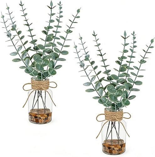 2 Pack Artificial Eucalyptus Stems in Glass Vases, 14" Fake Plants with Faux Water Stones, Small Faux Plants for Kitchen Bathroom Shelf Coffee Table Decor (Green)