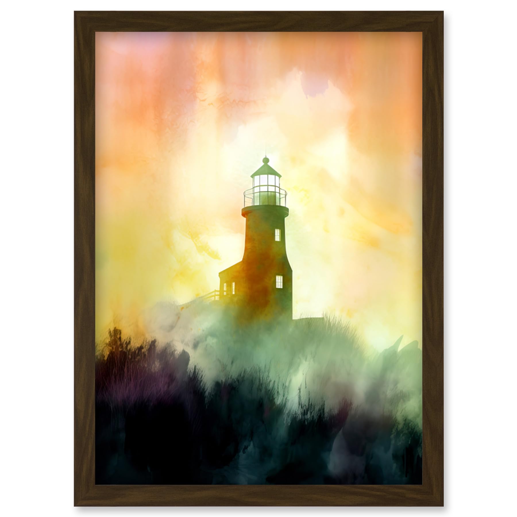 Artery8 Lighthouse in the Fog Watercolour Painting Soft Atmospheric Light Coastal Landscape Artwork Framed Wall Art Print A4