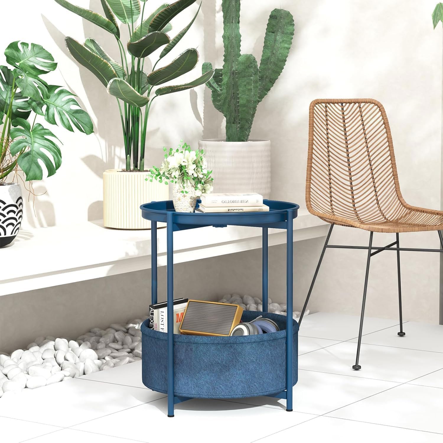 Huhote Tavolino rotondo con cestino in tessuto, piccolo comodino, comodino per soggiorno, camera da letto, bagno, balcone, stile moderno (blu)