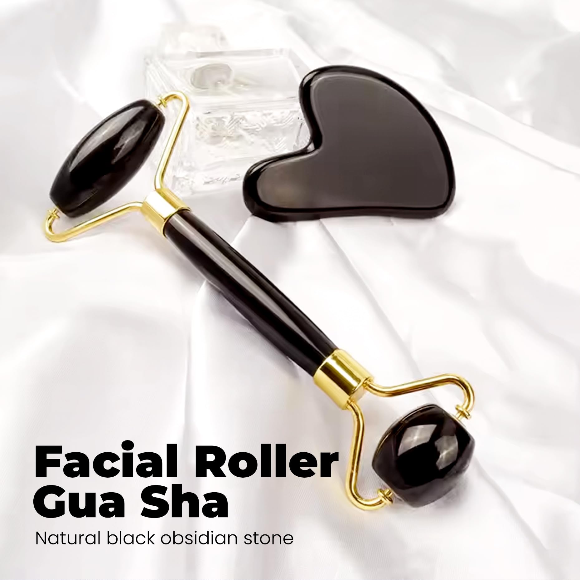 ROSELYNBOUTIQUE Gua Sha - Herramientas faciales y rodillo facial para cuidado natural de la piel sin arrugas, rodillo de jade herramienta Guasha para cara (negro)