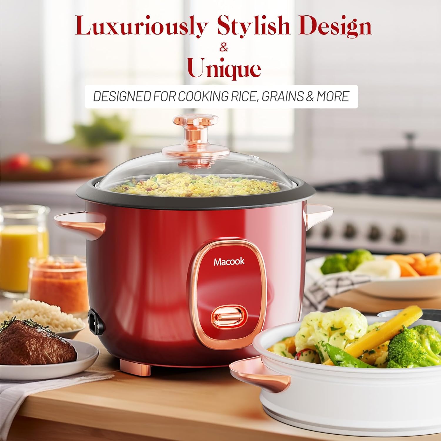 Macook Rice Cooker with external steamer basket filled with vegetables.