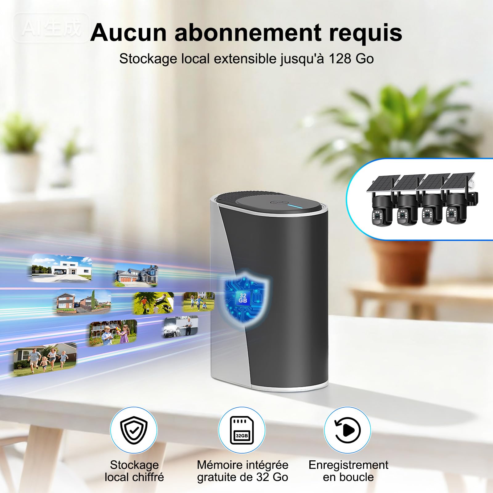 4K Camera Surveillance WiFi Exterieure sans Fil,Kit de 4 Caméras Solaires Extérieur avec Home Station,sans Abonnement,Stockage Local Intégré 32 Go,360° PTZ,Suivi Automatique,Vision Nocturne,2,4/5 GHz