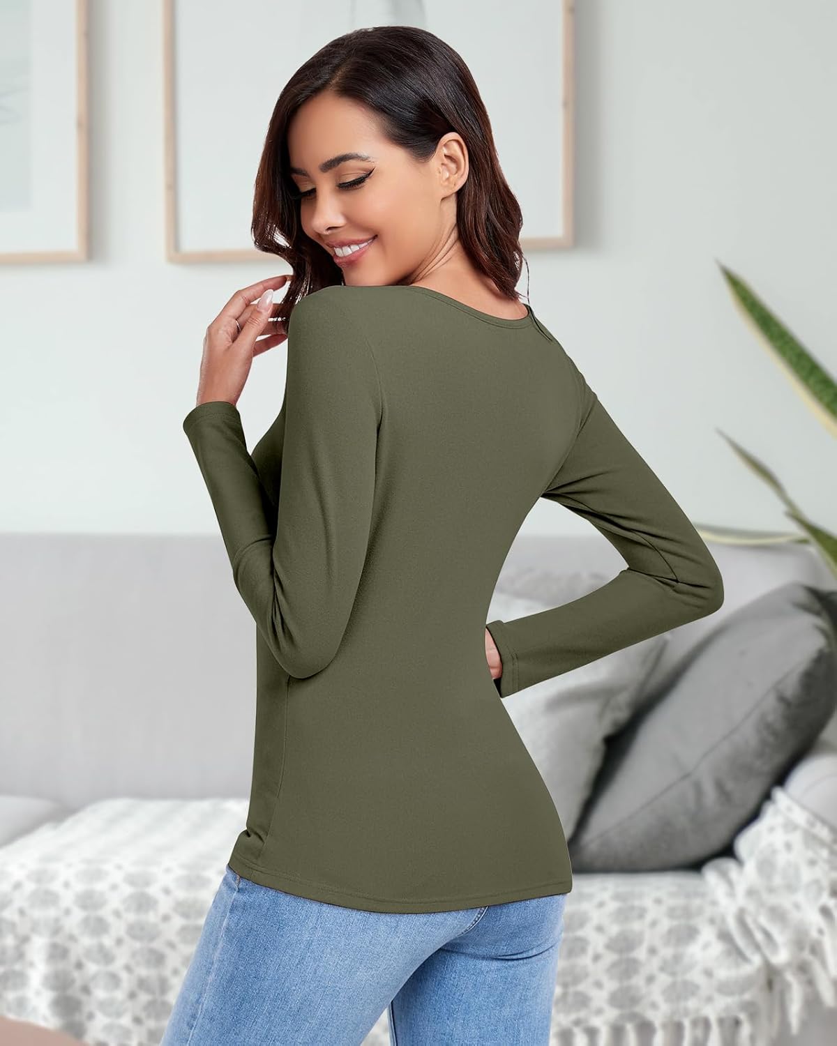 Women's Deep V Neck Wrap Tops Thermal Long Sleeve Shirts Sexy Fitted Tops Winter Fleece Lined Tunic Tops Warm Ruched Top