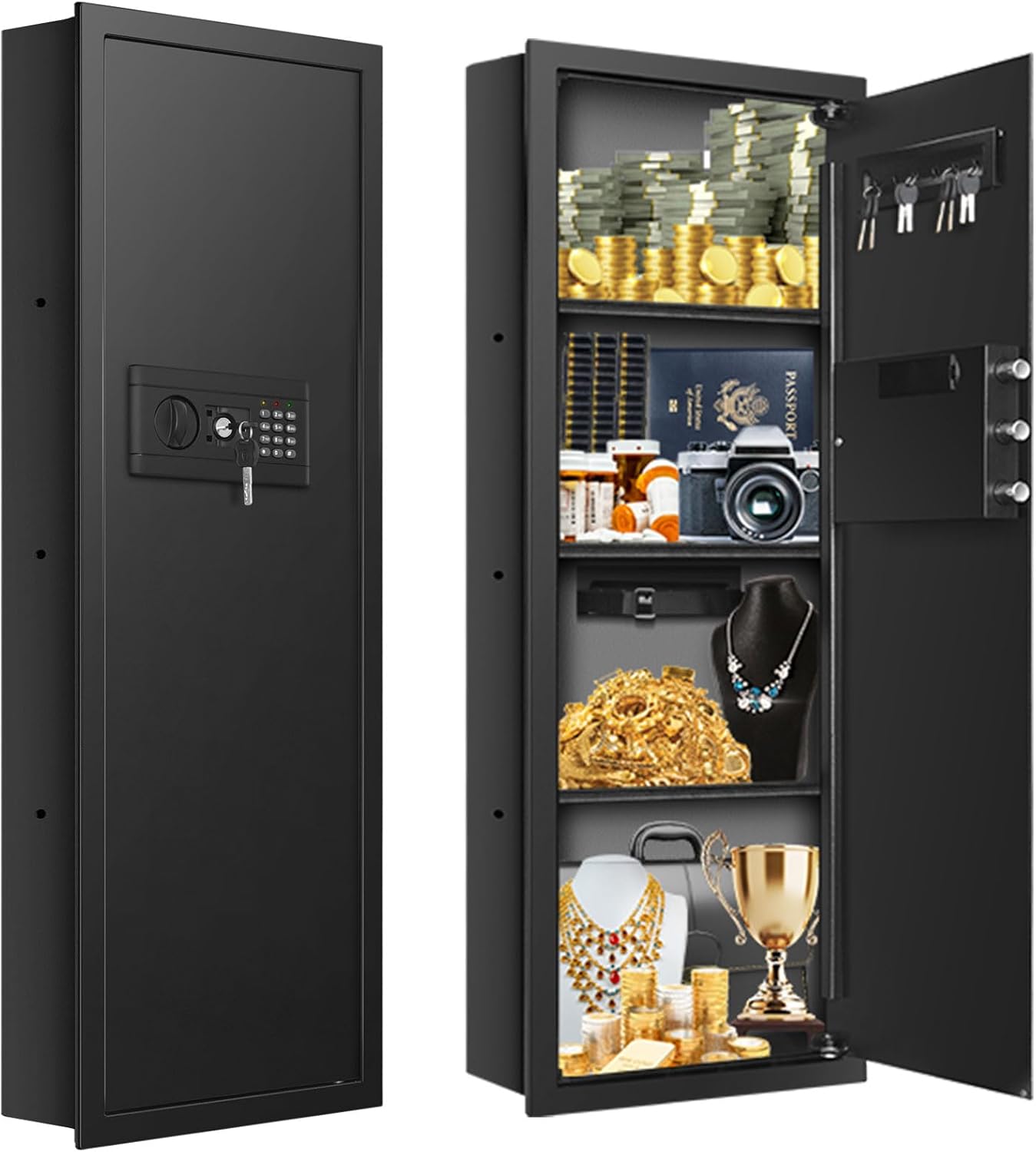 43.3-inch Tall Fireproof Wall Safes Between the Studs, Large Home Wall Safe with Combination Lock and Removable Shelf, Security Wall Safes for Home Firearm Money Valuables 43.3" Tall