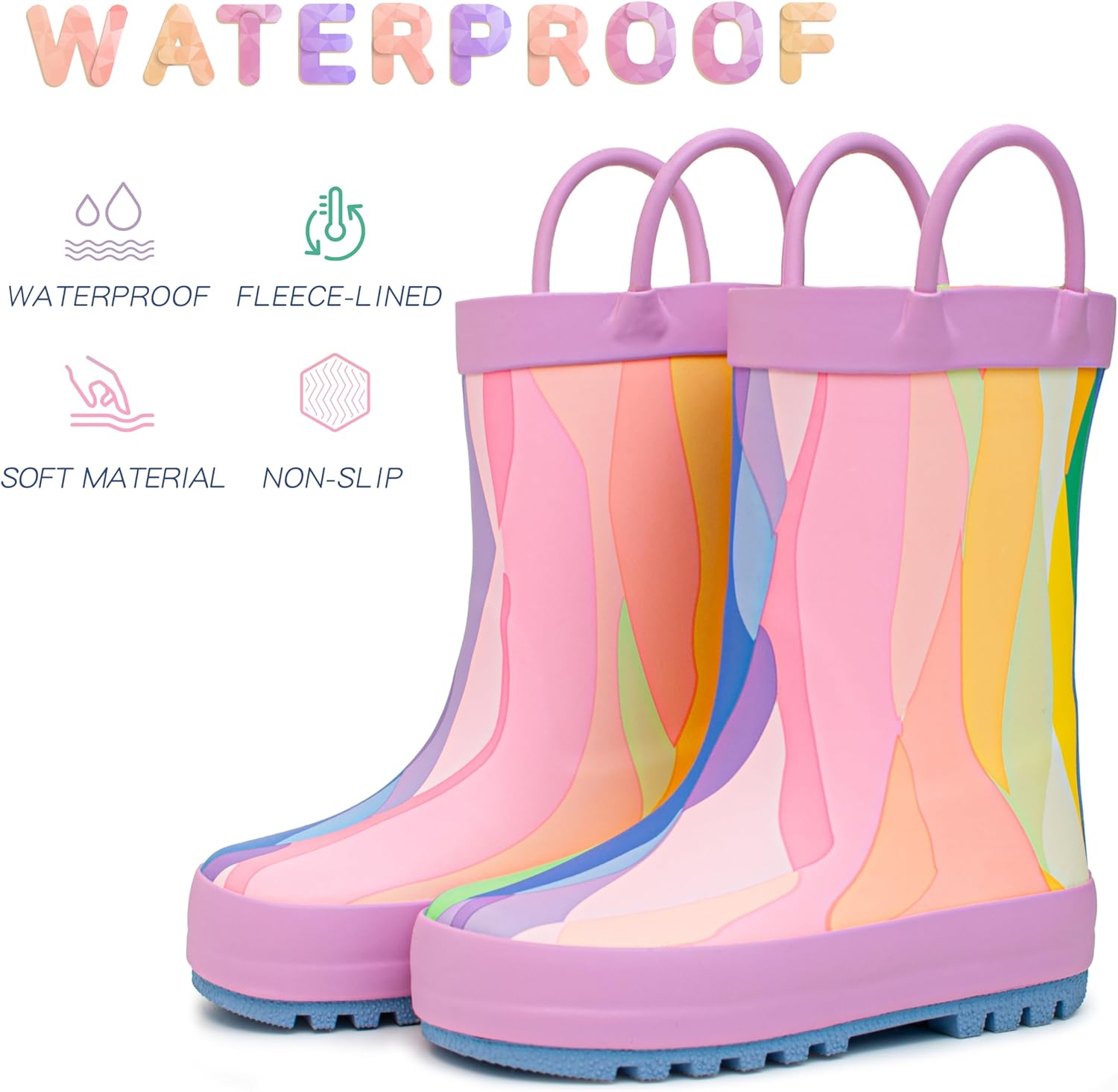 RAINANGEL Toddler Rain Boots with Easy-On Handles, Waterproof Kids Rain Boots for Girls & Boys, Fun Printed & Colors Unisex-Child Outdoor Boots