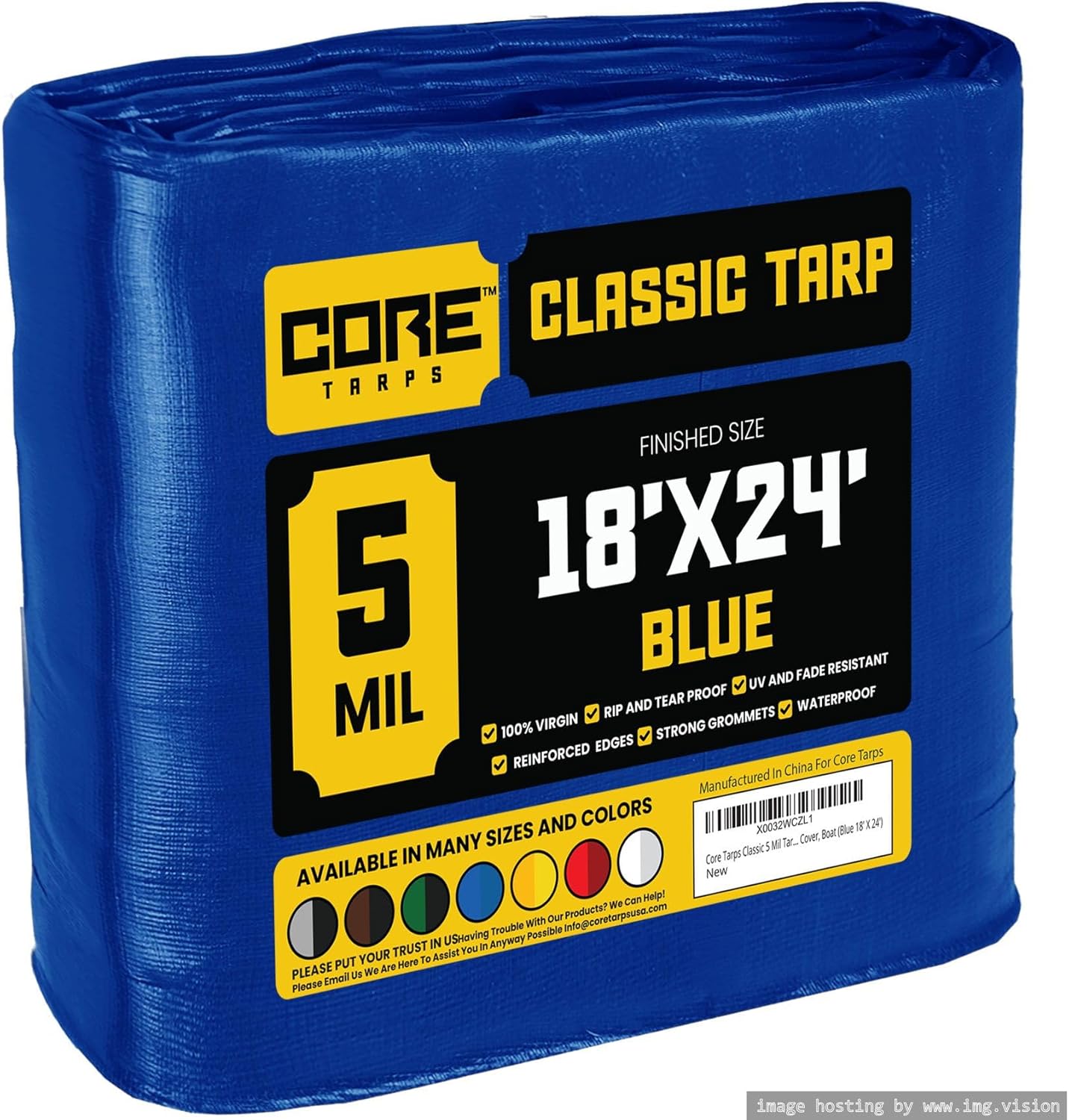 Core Tarps Classic 5 Mil Tarp Cover, Waterproof, UV Resistant, Rip and Tear Proof, Poly Tarpaulin with Reinforced Edges for Roof, Camping, Patio, Pool Cover, Boat (Blue 18 X 24)