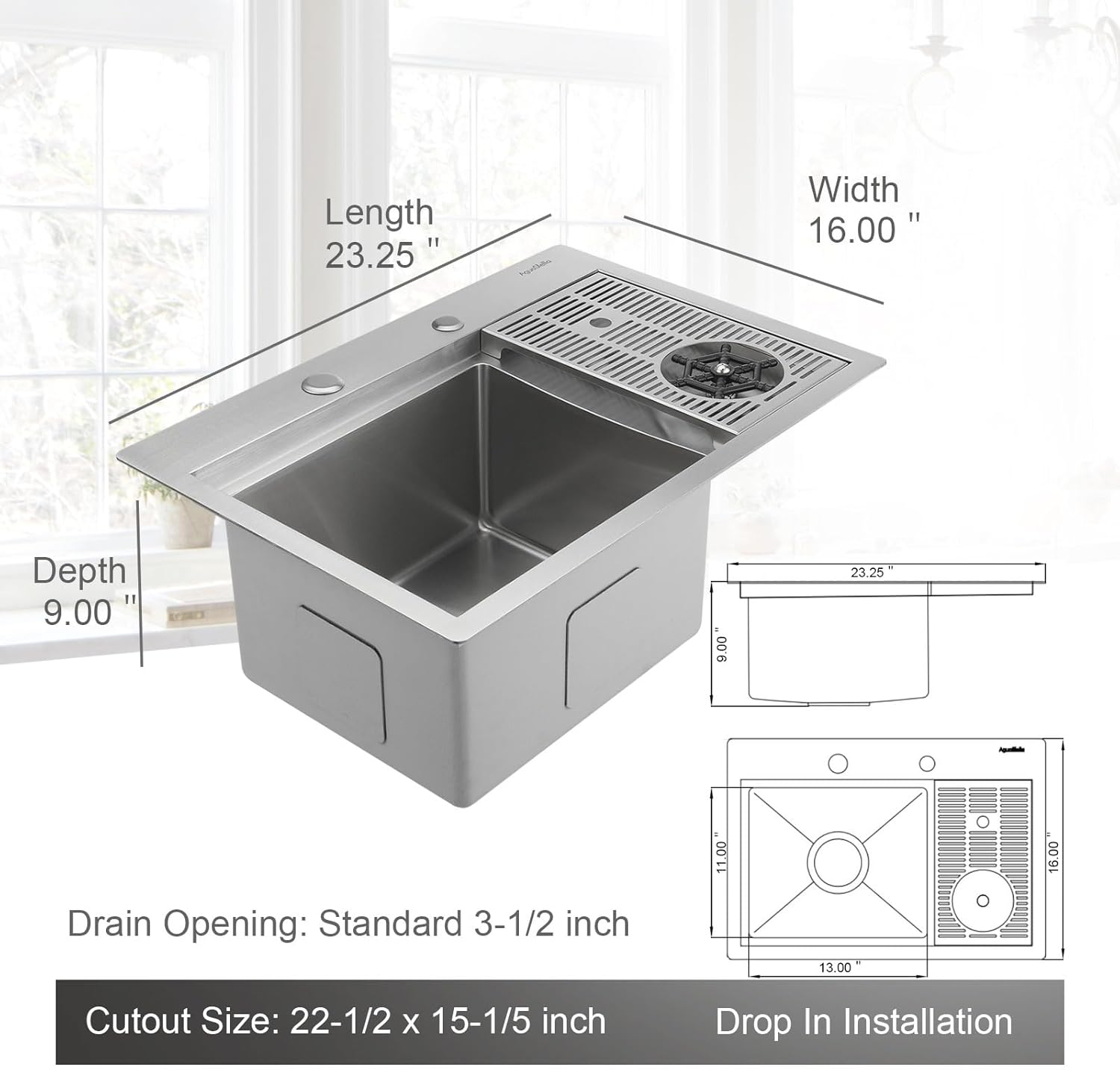 AguaStella AS15TXSS Drop in Bar Sink with Glass Rinser Stainless Steel Overmount Prep Kitchen Sink 23-1/4 Inches Single Bowl…