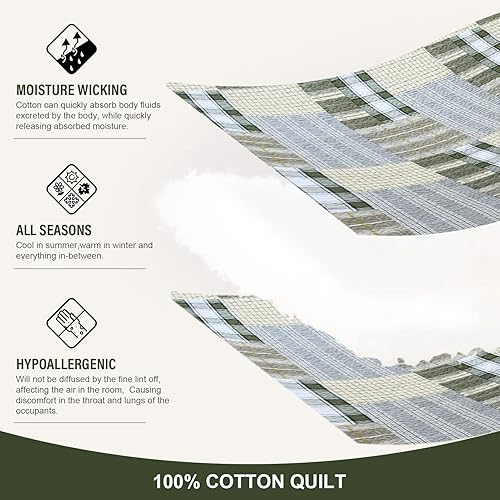 Miniatura 4 de Y-PLWOMEN Juego de edredón Queen 100 algodón colcha verde y blanco tamaño Queen juego de ropa de cama reversible ligero a cuadros para todas las