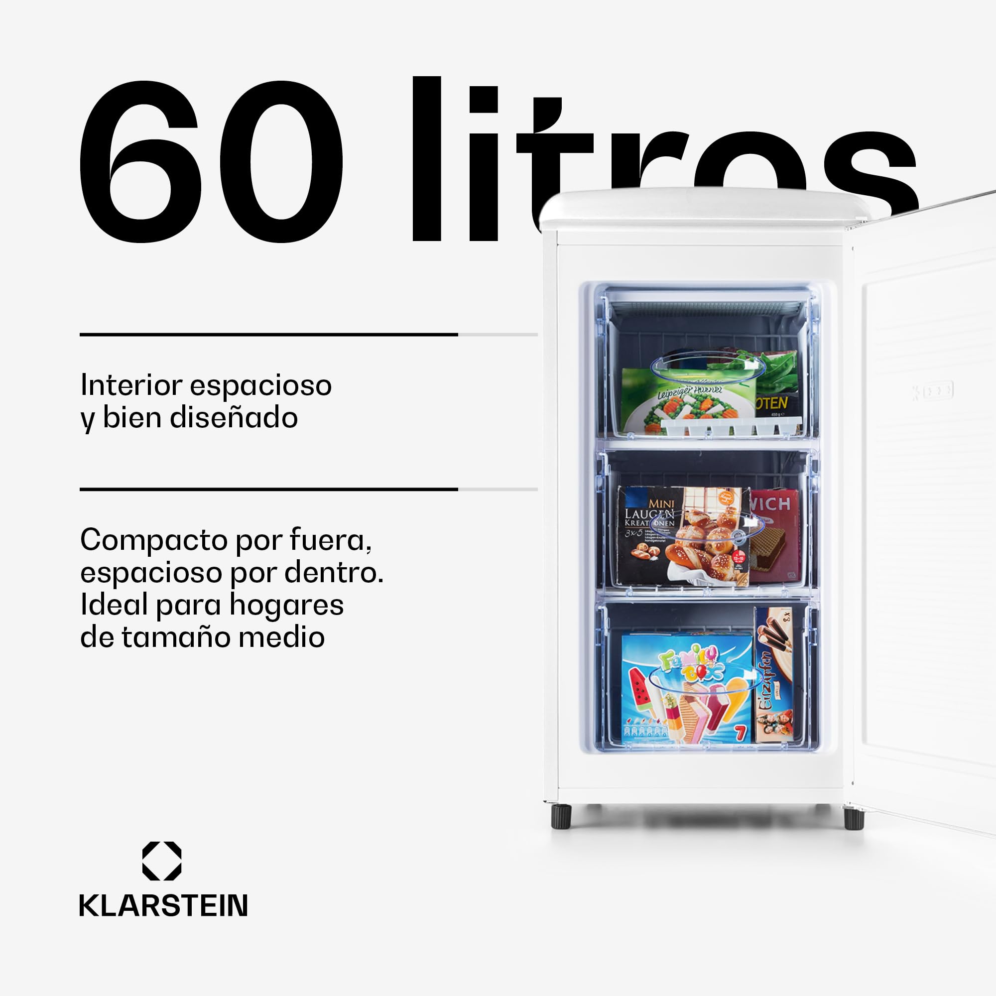 Klarstein Laika - Congelador, Termostato con 5 niveles, Temperaturas de -24 a -15 °C, 3 cajones extraíbles, CEE E, Capacidad de 60 L, Crema