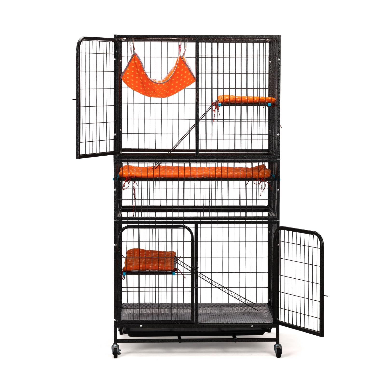Metal Cat Catio, 4-Tier Small Animal Cage with Wheels, Large Wire Cattery Cat House with Hammock, Cat Enclosure with 2 Ladders, Cat Kennel for Kitten, Guinea Pig, Rabbit, Chinchilla, Black