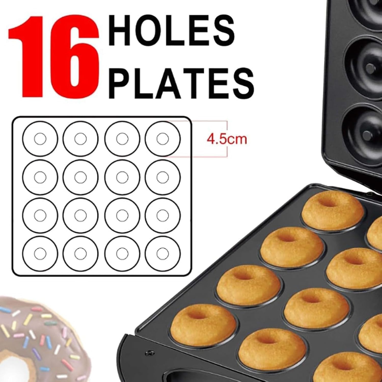 Machine à beignets, moule à gaufres antiadhésif, 16 trous, chauffage double face pour usage domestique et commercial, cuisson à température constante