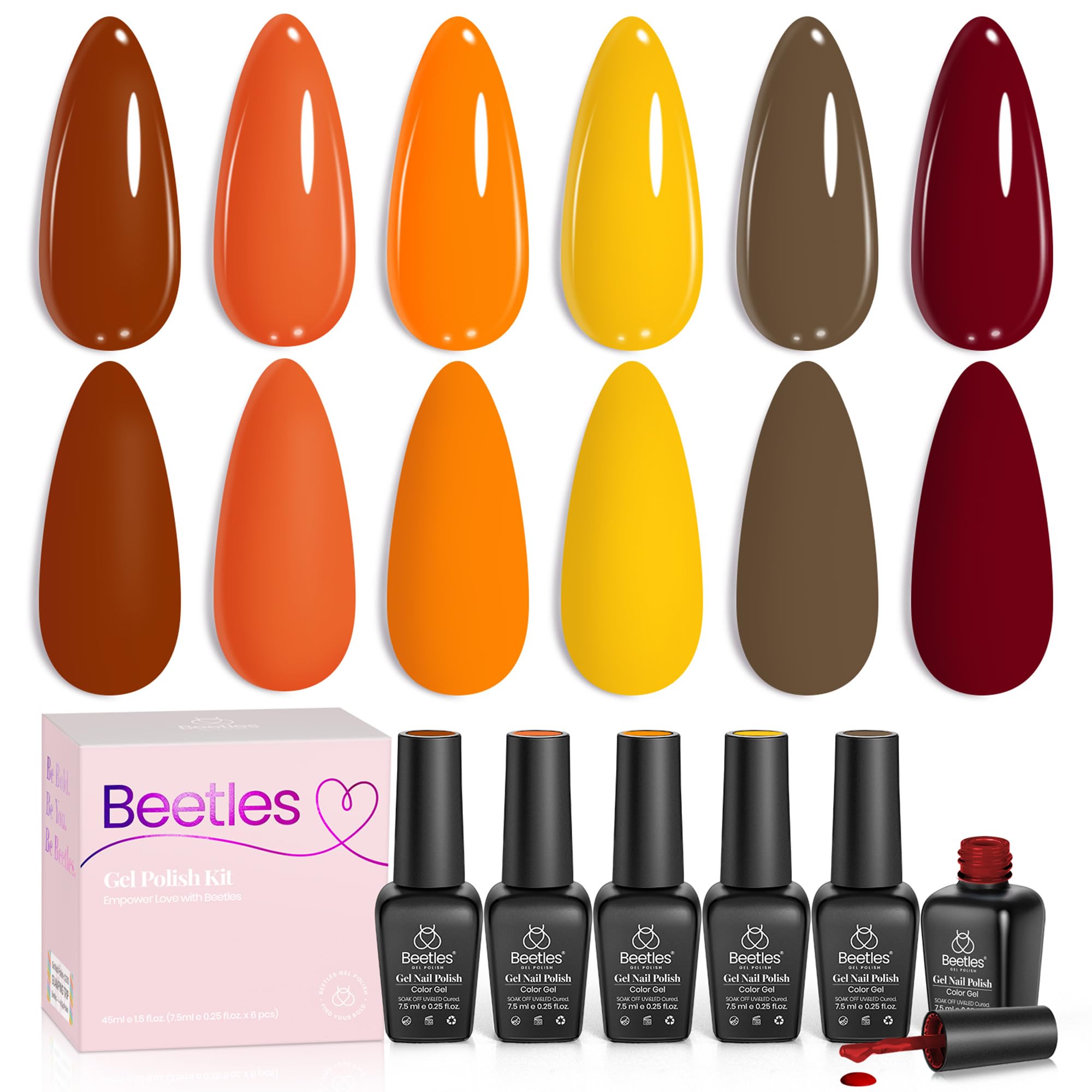 Beetles Gel Nail Polish Set - 6 Colors Burgundy Red Orange Yellow Brown Gel Polish Kit for Nails, Autumn Leaves Soak Off UV LED Nail Gel Manicure at Home Gifts for Women