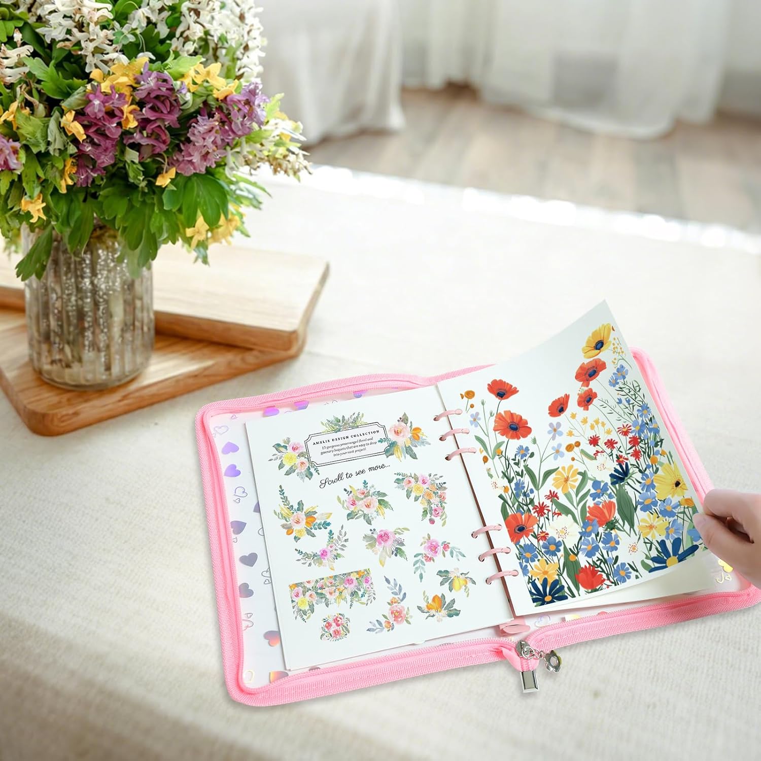 Sticker Storage Organizer Binder A5 Sticker Zipper Photocard Binder Holder Collecting Book Organizing Trading Card Album Holder with Blank Reusable Release Paper Pink(Heart)