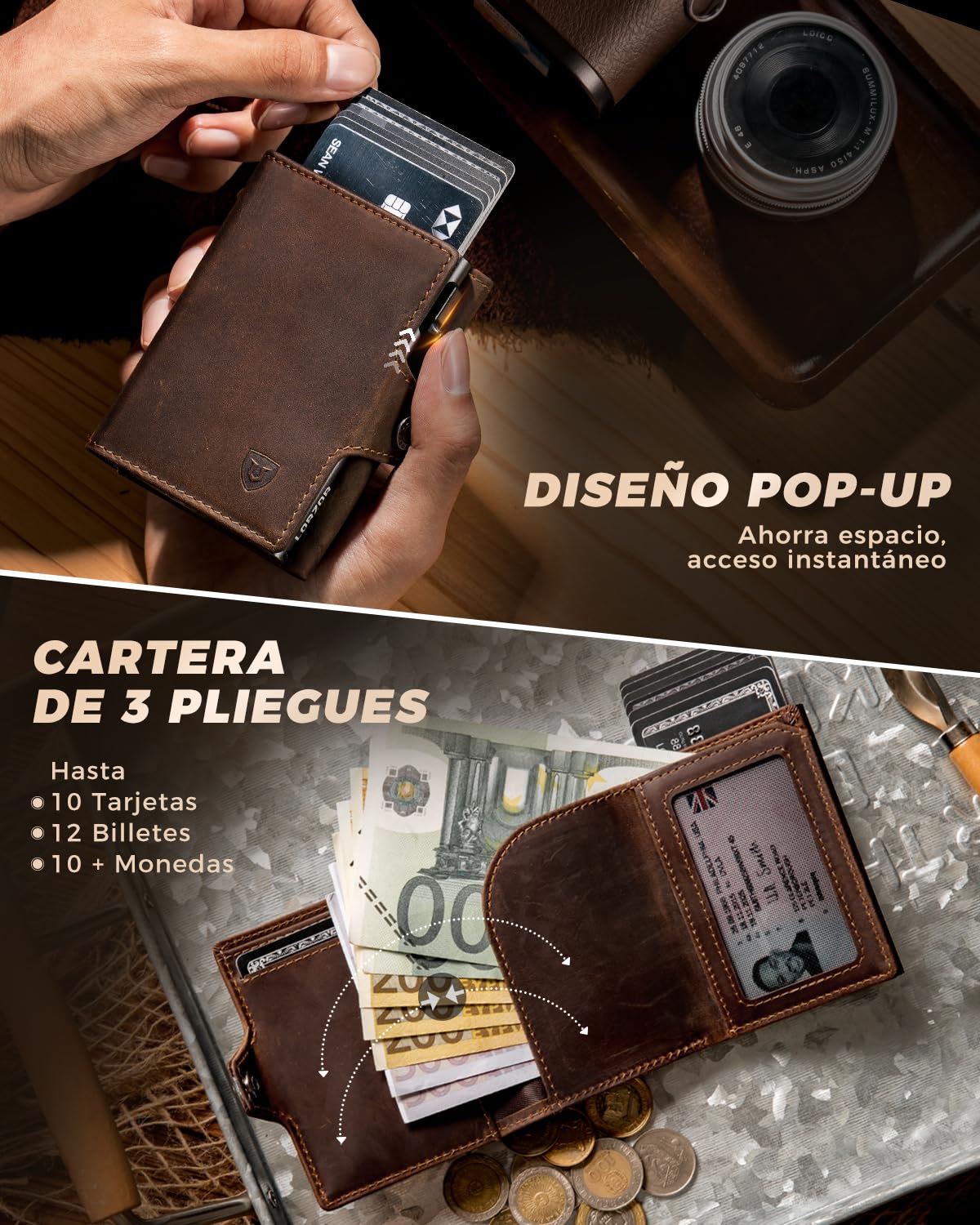 LORZOR Carteras para Hombre Pequeñas con Monedero XXL, Billetera para Hombre con Bloqueo RFID, Cartera Tarjetero Piel, Wallet Pop-up con Compartimento para Billetes, Capacidad para 10 Tarjetas