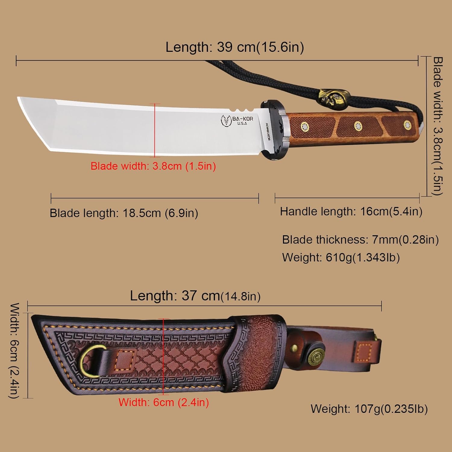 BA-KOR 7mm 9CR18MOV steel (15.6IN) sandalwood handle full Tang fixed knife+scabbard+(single shoulder strap)&(5.9IN) cerium igniter, suitable for outdoor hunting, camping, survival, EDC tool knife