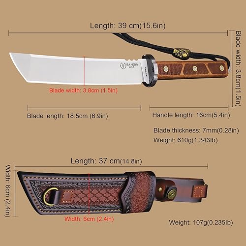 Miniatura 3 de BA-KOR Cuchillo fijo de acero 9CR18MOV de 0.276 in (15.6 pulgadas) mango de sándalo con espiga completa, funda + (correa de hombro individual) y