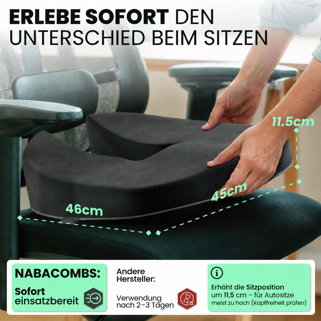 Orthopädisches Sitzkissen – Ergonomisch, Memory Foam, entlastet Steißbein & Rücken, sofort einsatzbereit – IGR-zertifiziert & Oeko-Tex geprüft, ideal für Büro, Auto, Reisen & Schwangerschaft