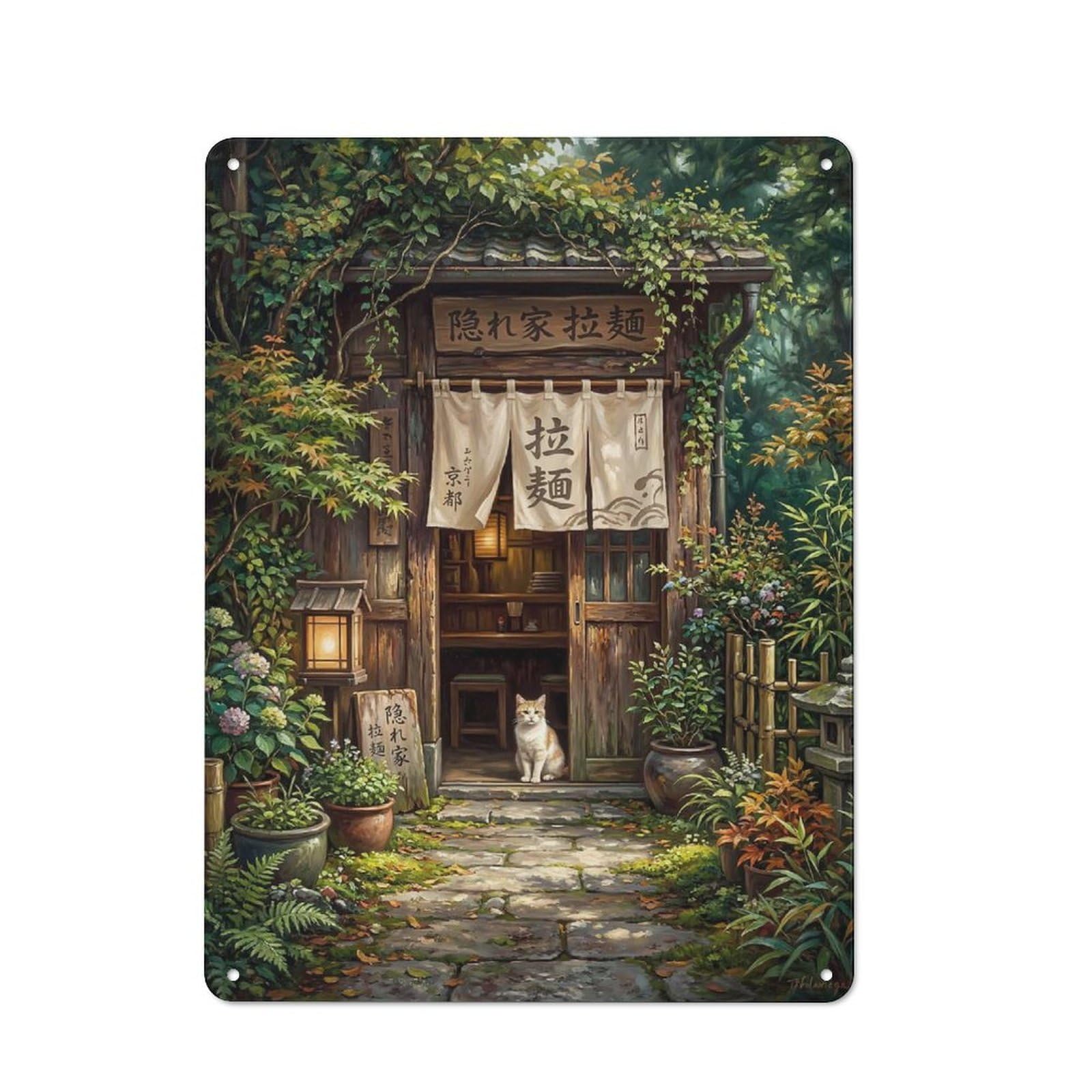 Junmoney Style-9 Workshop Style Cozy Japanese Ramen Shop Entrance With Cat Tin Sign 40X30cm, Industrial Wall Art For Garage, Hobby Room, Office Or Man Cave