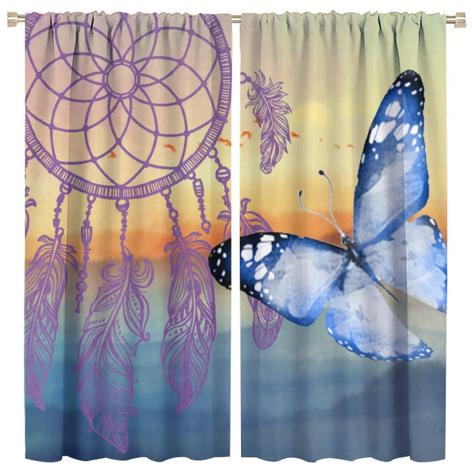 FBMLBRB Watercolor Boho Dreamcatcher Blackout Curtains for Bedroom,Vintage Tribal Native American Butterfly Print Room Darkening Window Curtains with