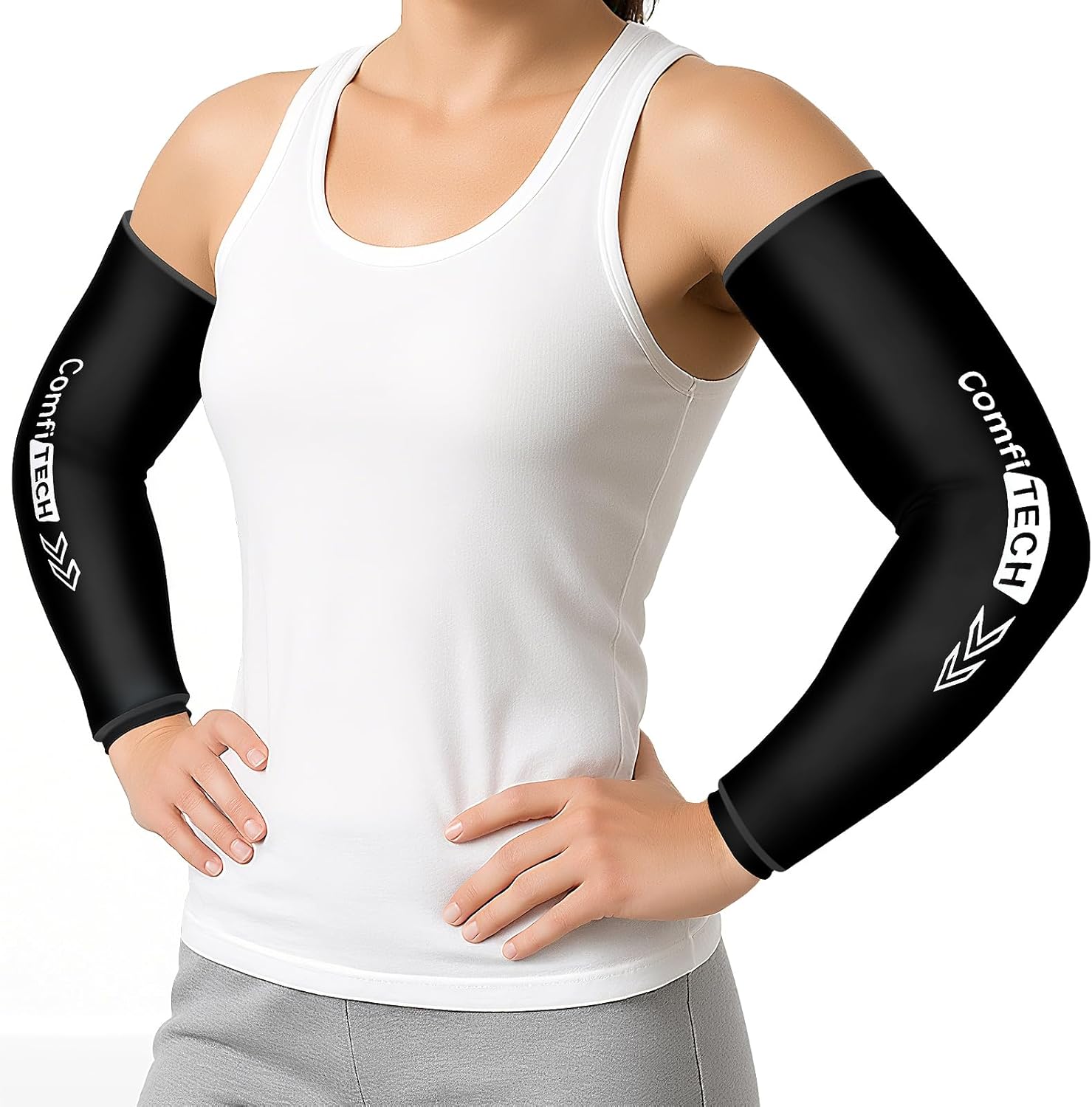 ComfiTECH 2 Pack Full Arm Cold Wrap with Flexible Gel for Athletes, Reusable Cooling Ice Pack for Elbow, Forearm, and Upper Arm, Medium, Black