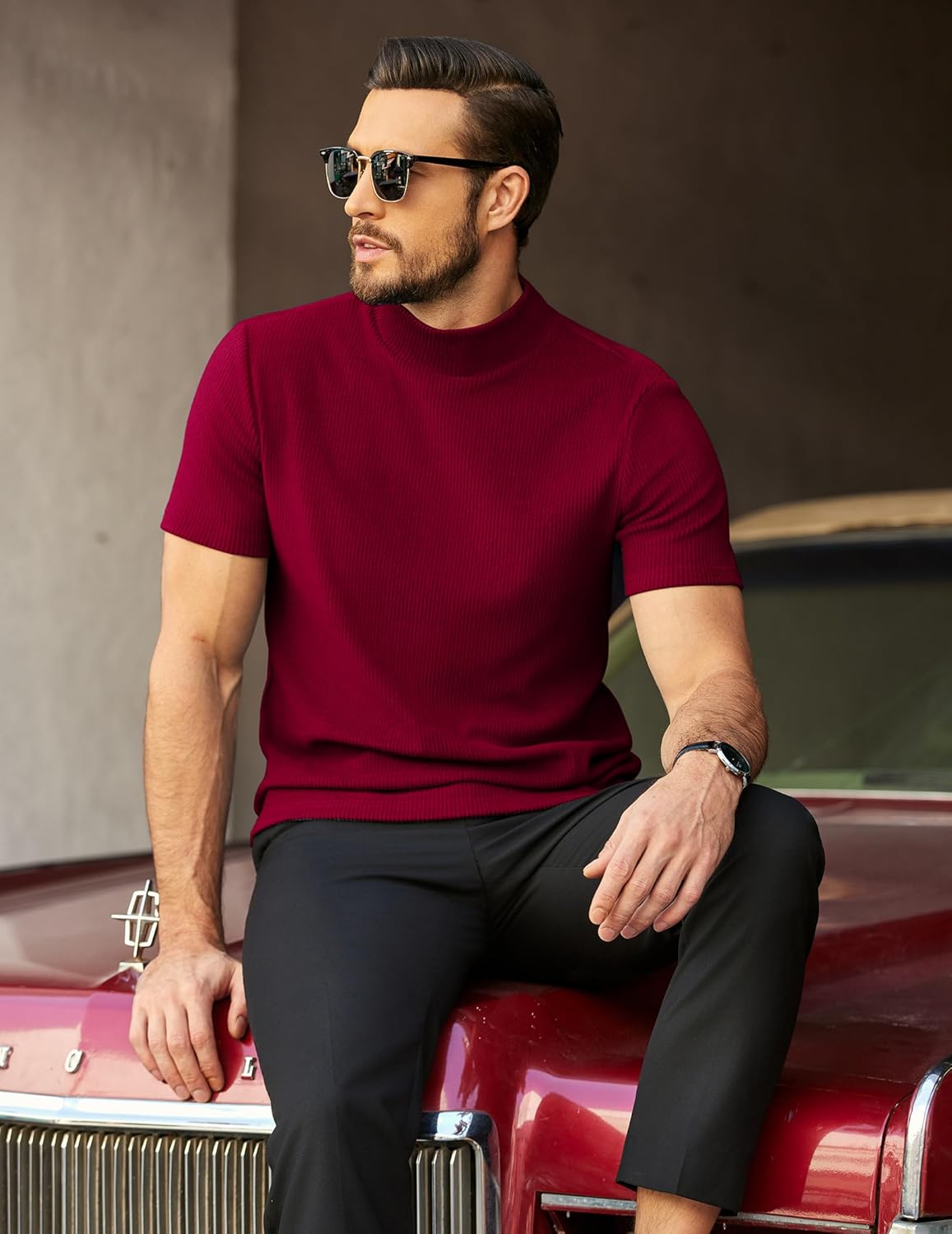 COOFANDY Men's Mock Turtleneck Short Sleeve Soft Lightweight Sweater Ribbed Knit Pullover Casual Basic Tops - Image 4