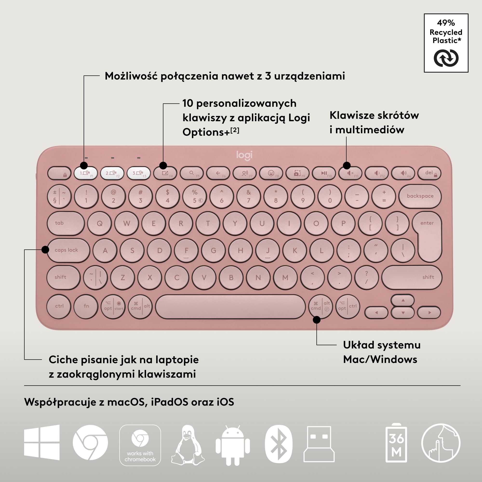 Logitech Pebble 2 Combo, Bezprzewodowa klawiatura i mysz, cicha i przenośna, personalizowana, Logi Bolt, Bluetooth, Easy-Switch dla Windows, macOS, iPadOS, Chrome,QWERTY układ US international, Różowy