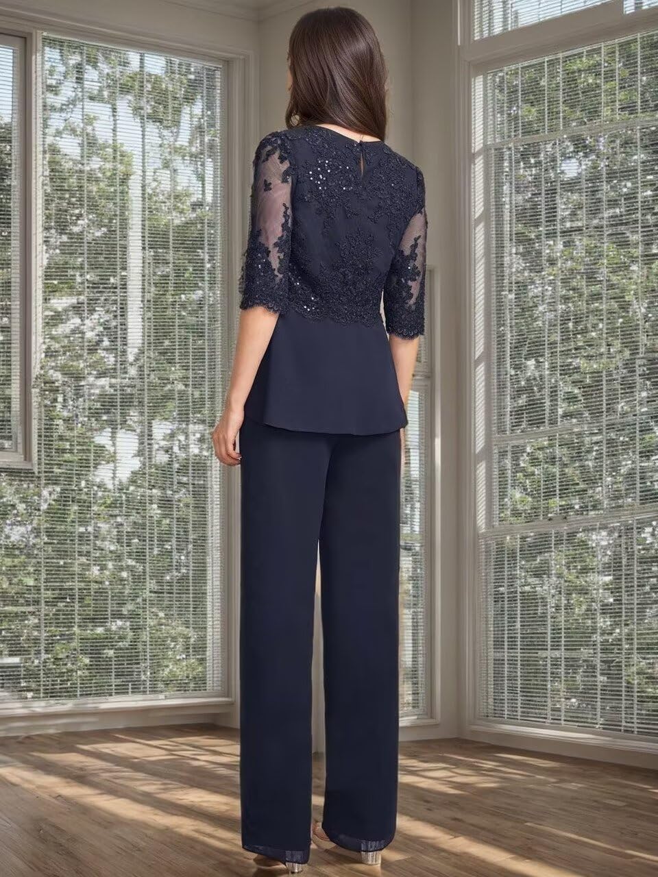 3 Pieces Mother of Bride Pant Suits with Jackets Laces Sequin Chiffon Mother of Groom Dresses - Image 5