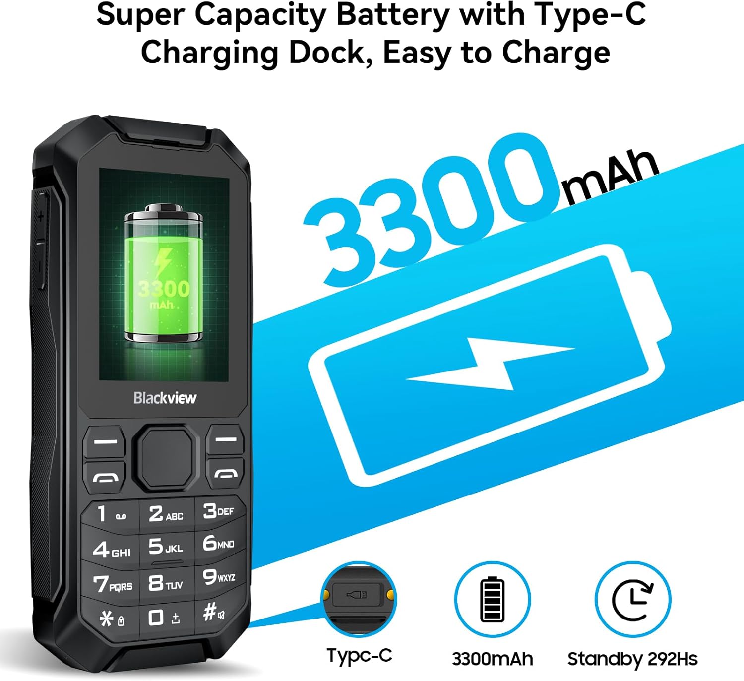 నలుపుview N1000 phone showing 3300mAh battery capacity and Type-C charging port