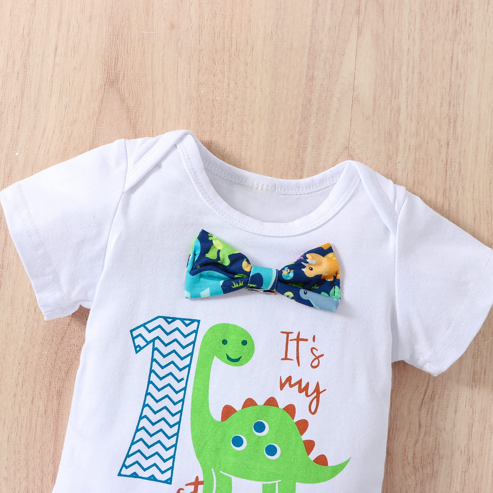 Highnesson-ww Baby Boy 1st Birthday Clothes Bow Tie Dinosaur Romper Pants Set Adjustable Y Back Suspenders Cake Smash Outfits
