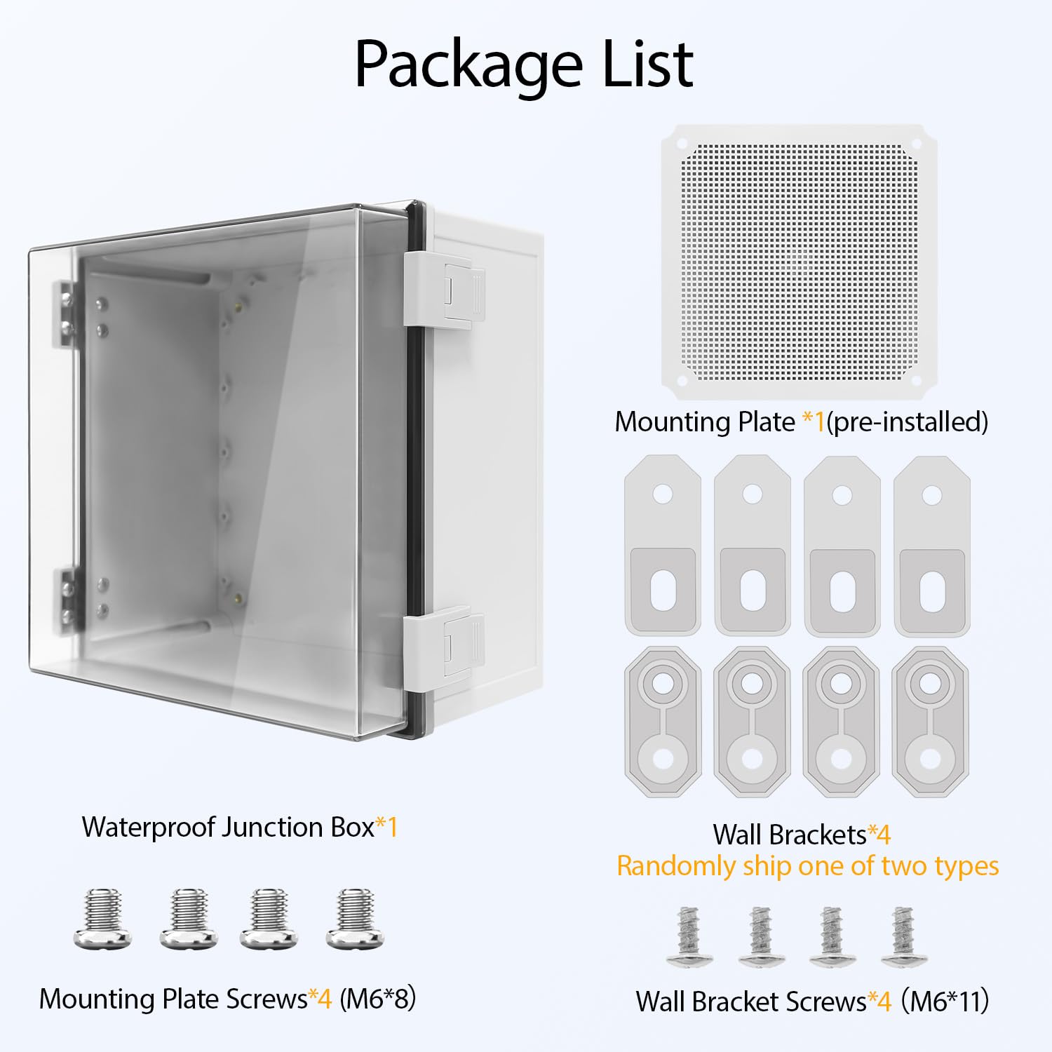 Abzweigdose, IP65 wasserdichtes, staubdichtes ABS-Kunststoffgehäuse, Außen- und Innenbereich, Projektbox, Scharnier, transparente Abdeckung mit Montageplatte, Wandhalterungen, Außenmaße 30 x