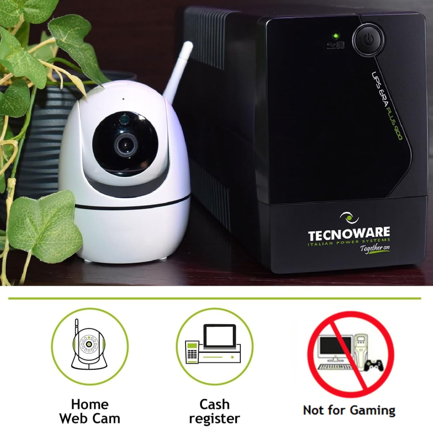 Tecnoware UPS 900VA per PC/Modem, NO Gaming/Console, Gruppo di Continuità ERA PLUS, 2 Schuko, Protezione Blackout e Sbalzi tensione per PC, Modem, Videosorveglianza, Punto Cassa, NAS, POS