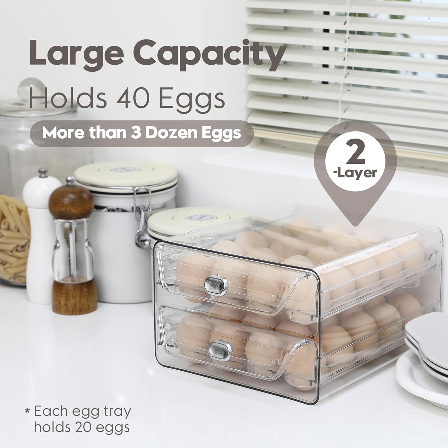 Sea Team Clear Plastic Egg Holder for Fridge, Stackable Refrigerator Egg Container with 2 Removable Trays, Dispenser for Kitchen Storage and Organizer